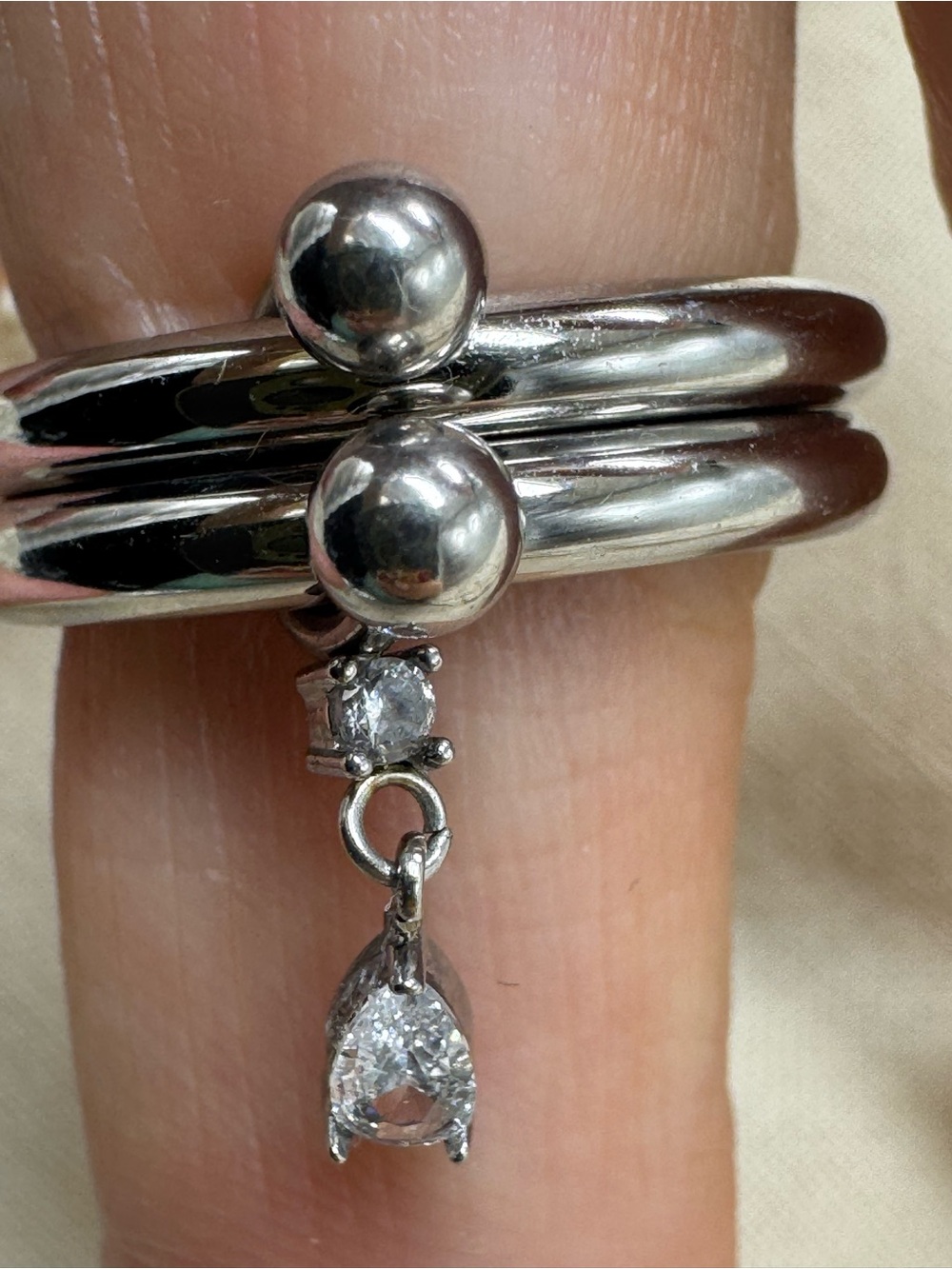 Double Band Dangle Ring Teardrop Crystal Stainless Steel Size 6.5